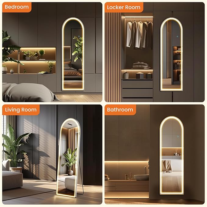 Sweetcrispy Arched Full Length Mirror with LED Lights, 60"x16" Lighted Floor Mirror with Stand, Dimming & 3 Color Lighting, Stand for Bedroom, Dressing Room