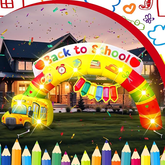 VIHOSE 6.56 ft Width Back to School Inflatables Arch First Day of School Outdoor Decorations Inflatable Rainbow Arch with Bus Pencil Build in LED Lights for Party Supplies Decor