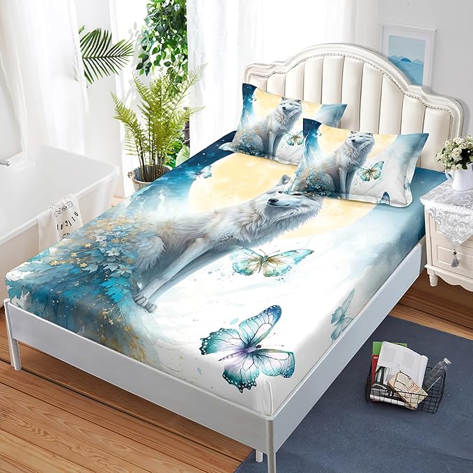 AILONEN Wolf Fitted Sheet Set Queen Size, Blue Tie Dye Wolf Bed Sheet Set Decor,3 Pieces Moon Wolf Sheet Set,Modern Watercolor Wolf and Butterfly Fitted Sheet with 2 Pillowcases