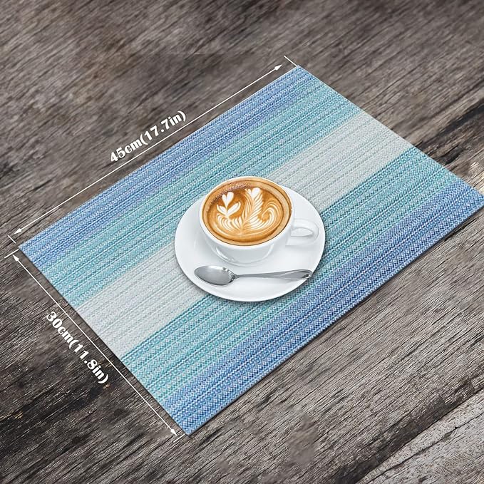 HeloHo Placemats Set of 4,Vinyl Table Place Mats Stain Resistant Foldable Placemats Washable Wipeable Placemat for Kitchen Dining Table Decoration Indoor Outdoor(Blue)
