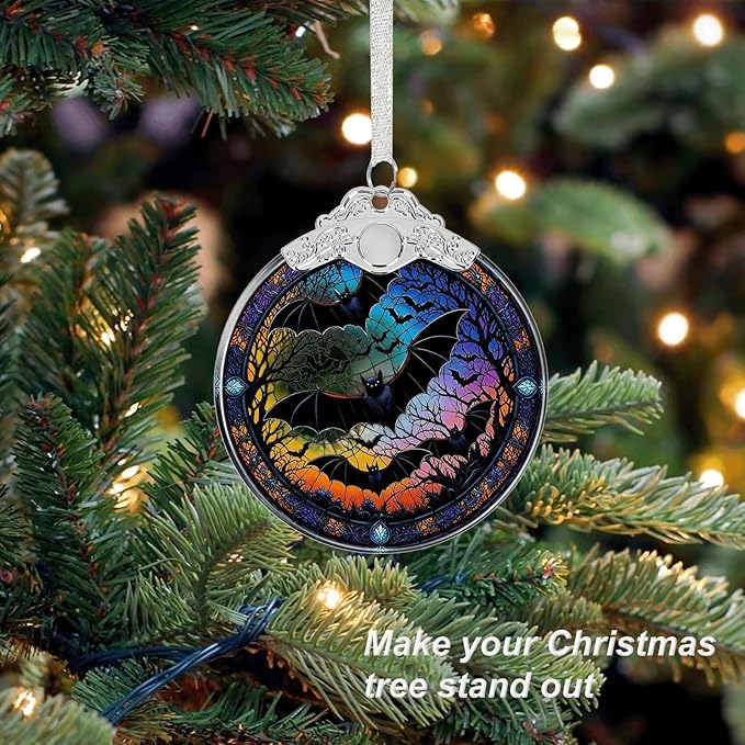 Bat Under Moonlight Halloween Christmas Tree Ornament Glass- Hanging Ornaments for Christmas Tree Decorations - Holiday Keepsake Present Exchange Idea