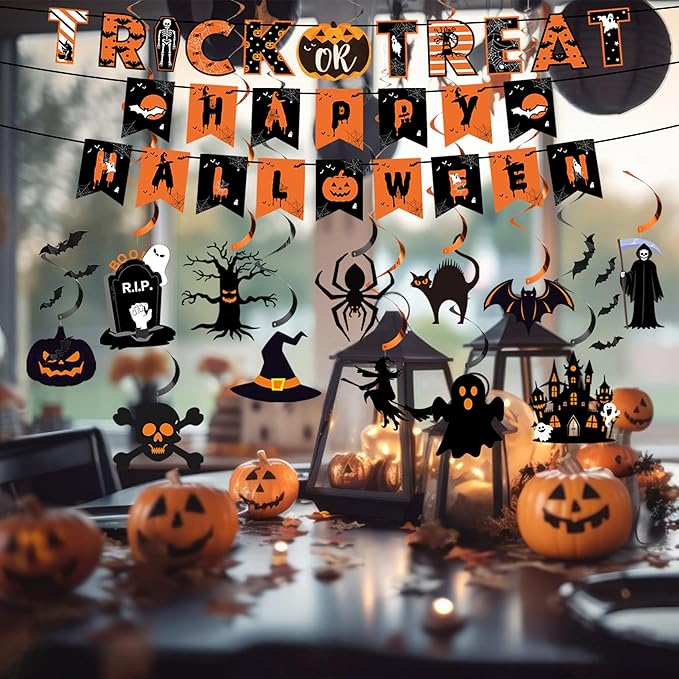 18 Pcs Halloween Party Decorations, Reusable Halloween Decor Indoor, Decorations Kit Included Happy Halloween Banner, Trick or Treat Banner, Ghost Pumpkin Ceiling Hanging Swirls Streamers