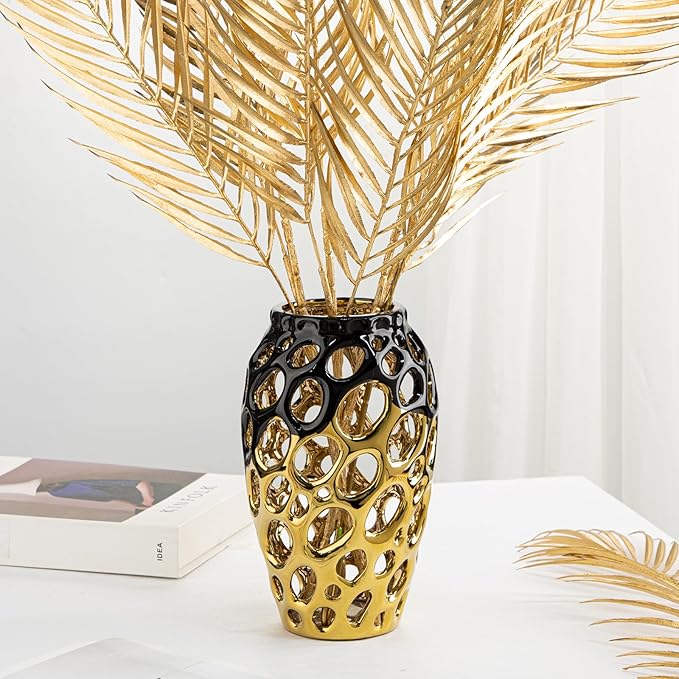 Black and Gold Vases for Centerpieces, Openwork Ceramic Flower Vase 8.7" Hollowed Decorative Pampas Grass Vase Gold Table Decor for Home Living Room Dinner Room Bedroom Office Wedding