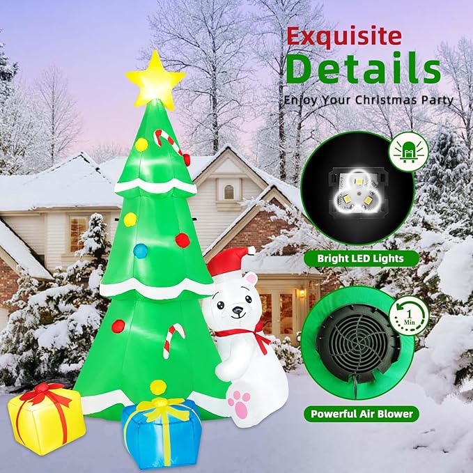 8FT Inflatable Tree Christmas Decorations Outdoor, Christmas Inflatables Polar Bear Holding Christmas Tree Built-in LEDs Blow Up Yard Decorations for Christmas Decor Garden Lawn Holiday Party
