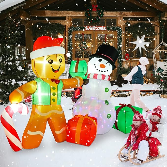 COOLWUFAN 6 FT Christmas Decorations Outdoor Inflatables Gingerbread Man Snowman Blow Up Yard Decor, Outdoor Inflatables Decorations with Rotating LED Light for Garden Patio Lawn Holiday Party Xmas