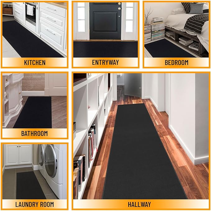 Machine Washable Modern Solid Design Non-Slip Rubberback Traditional Runner Rug for Hallway, Kitchen, Bedroom, Living Room, 2'7" x 12', Solid Black
