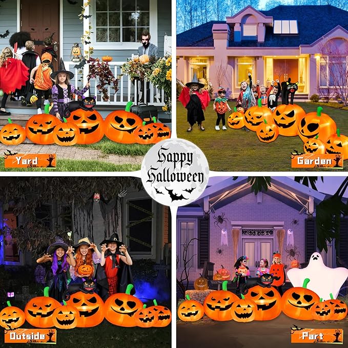 8FT Long Halloween Inflatable Decoration 7 Pumkins with Black Cat with LED Lights Blow Up Inflatable for Halloween Outdoor Indoor Garden Yard Lawn Deco