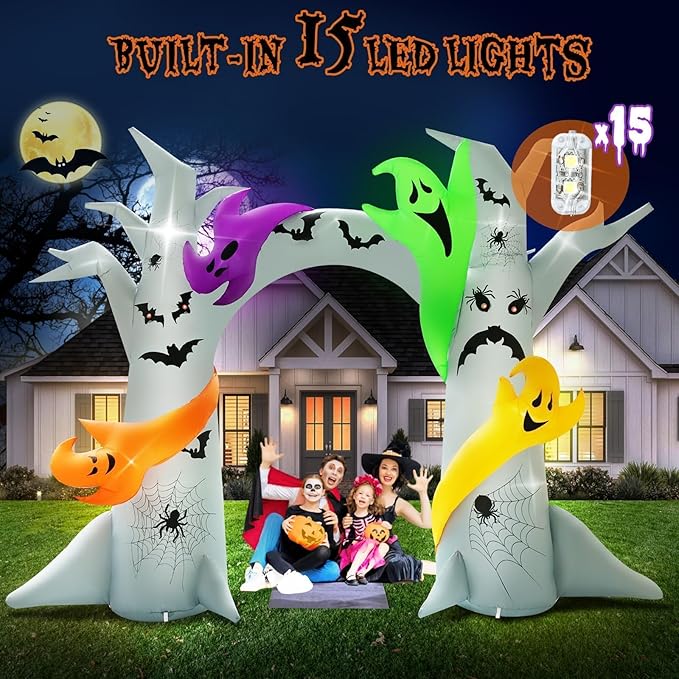 14FT Length X 10FT Tall Halloween Archway Inflatable Tree with 4 Colorful Ghosts, Blow Up Tree Inflatables Arch Built-in 15 Led Lights for Halloween Inflatable Outdoor Decorations