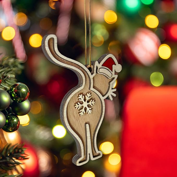Funny Cat Butt Wooden Christmas Ornament - Humorous Santa Holiday Decoration for Tree - Unique Laser-Cut Wood Gift for Cat Lovers - 2024 Christmas Ornament