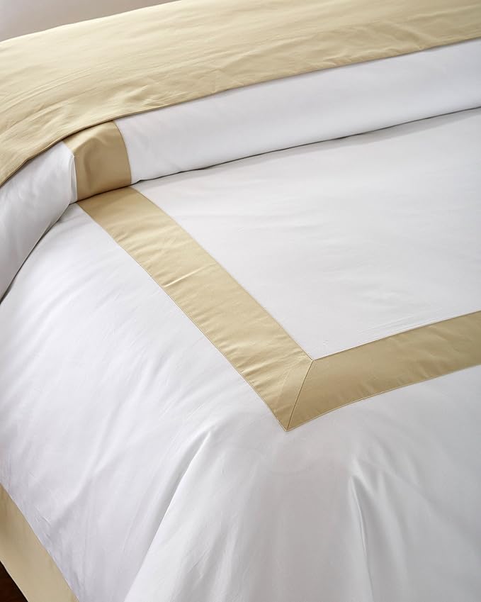 Casabolaj Bicolore Collection 3 Pieces Duvet Cover Set 100% Egyptian Cotton Sateen 400 Thread Count Classic Queen King-Frame Patchwork Manufacturing-White/Beige Color (California King)