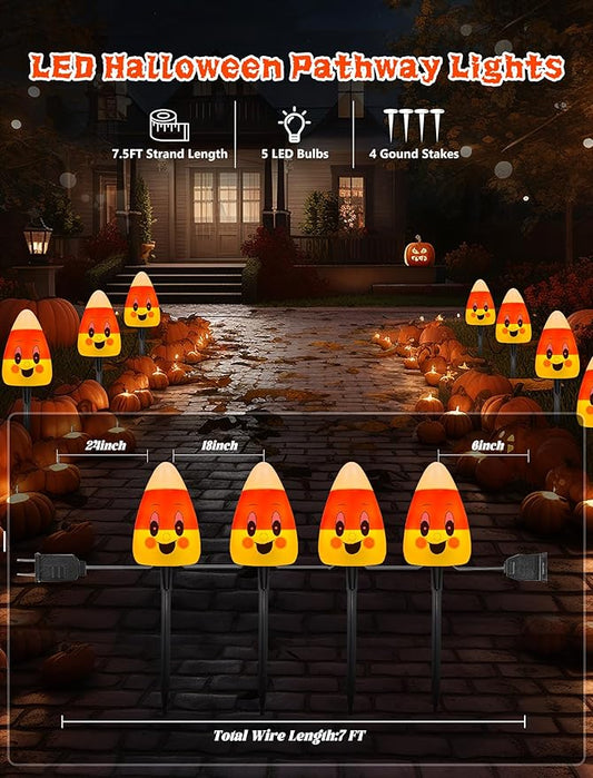 Halloween Candy Corn Lights Outdoor,4PCS Halloween 3D Candy Corn Pathway Lights with Stake,Waterproof Cute Candy Corn Decorations Light for Lawn Driveway Garden Yard Party Decor