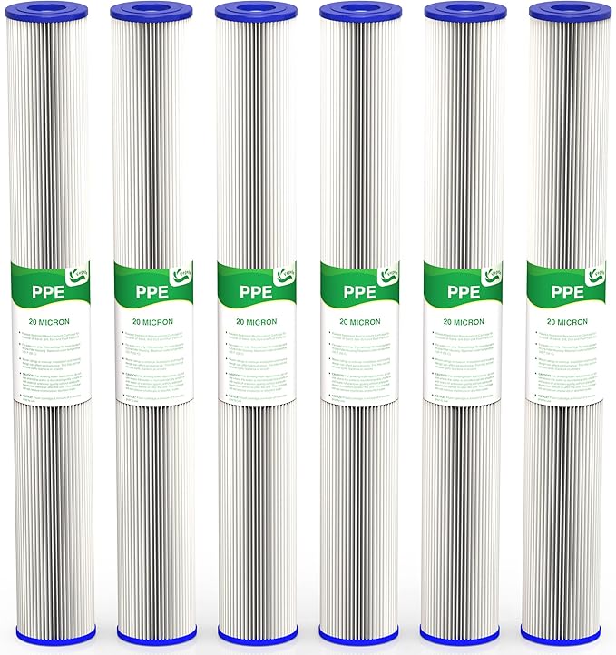 20 Micron 20-Inch Whole House Water Filter Replacement Cartridge, Pleated Sediment Water Filters 2.5" x 20" for Well Water, Compatible with ECP20-20, 255487-43, SPC-25-2020, 6 Pack