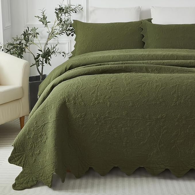Brandream Queen Size Quilt Set Cotton Green Quilts Luxury Farmhouse Bedding Set Matelasse Coverlet Scalloped Quilt Set 3-Piece