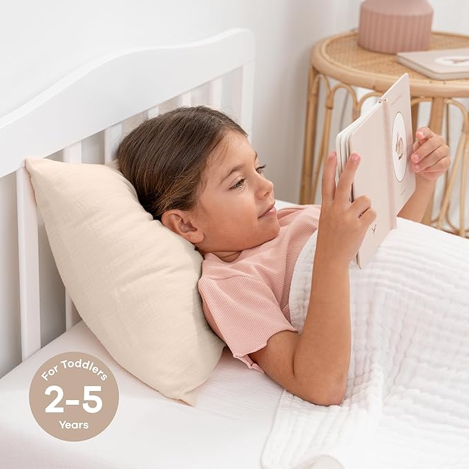 Comfy Cubs Toddler Pillow with Soft Muslin Pillowcase, 13"x18", Cream - Kids Pillow for Sleeping & Travel - Adorable & Comfortable Small Pillow - Kids Travel Pillow with Breathable Microfiber Fill