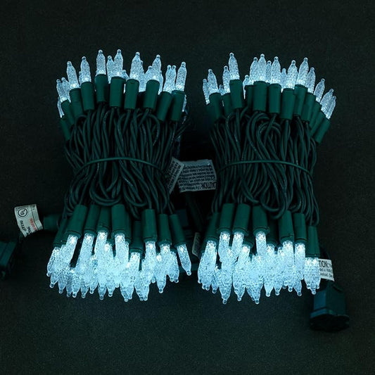 YULETIME Cool White Faceted LED Christmas Lights 200 Count 50 ft, Pack of 2 Strands 25 ft 100 Lights UL Certified Commercial Grade Green Wire Holiday String Light Set (Cool White)