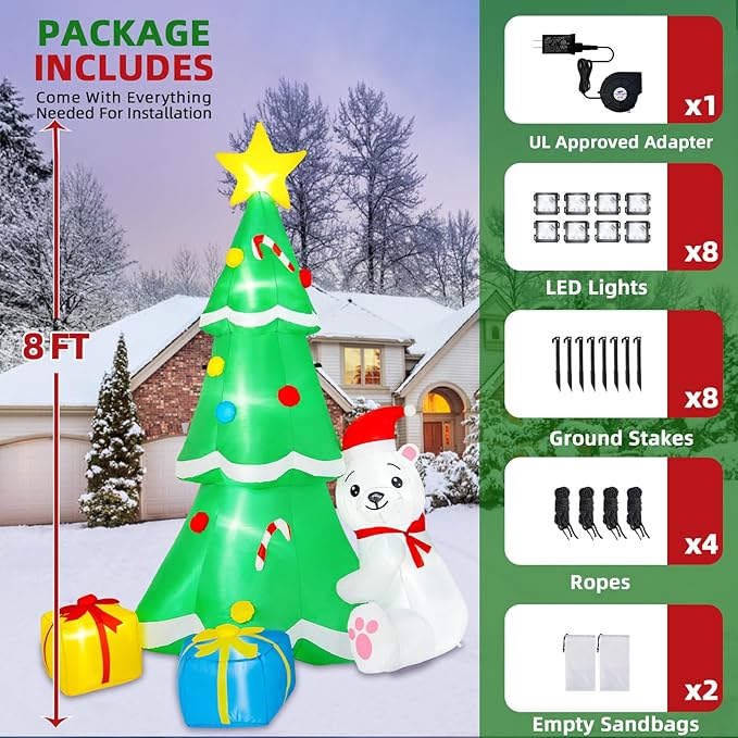 8FT Inflatable Tree Christmas Decorations Outdoor, Christmas Inflatables Polar Bear Holding Christmas Tree Built-in LEDs Blow Up Yard Decorations for Christmas Decor Garden Lawn Holiday Party