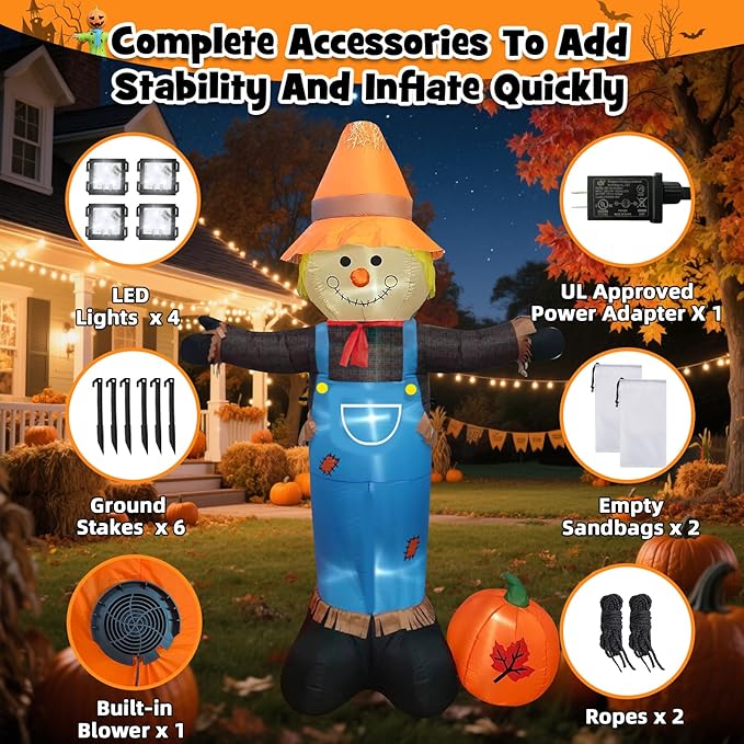 8FT Tall Thanksgiving Inflatable Scarecrow Inflatable Holiday Yard Decoration with Build-in LED Lights, Blow up Thanksgiving Scarecrow for Holiday Party Yard Lawn Garden