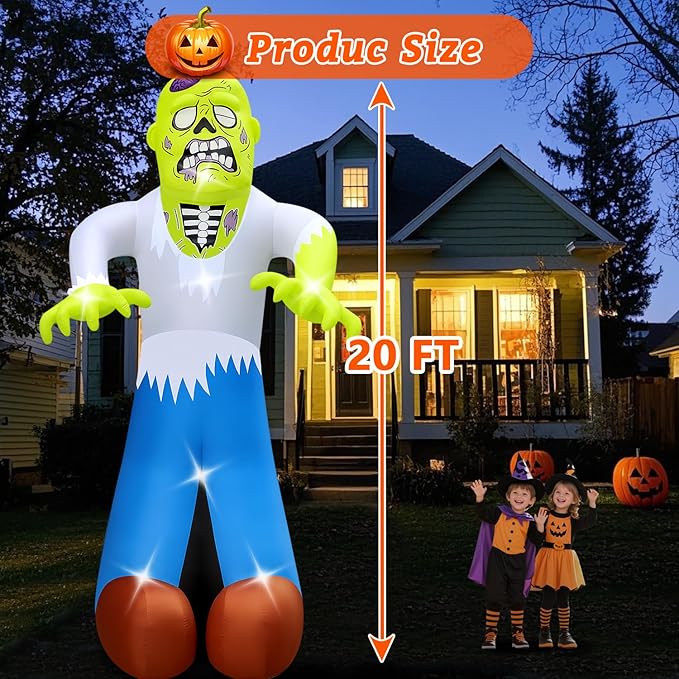 Halloween Inflatables Ghost Decorations Outdoor - 20FT Extra Large Horror Green Zombie Halloween Blow up Yard Decorations with LED Build-in for Garden Lawn Indoor Party Decor