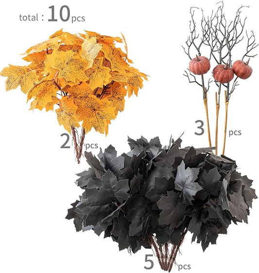 10pcs Fake Plants Outdoor, Halloween Maple Pumpkin Branch, Autumn Artificial Pumpkins Stem with Black & Orange Maple Leaves, Faux Maple Leaves Spray for Halloween Thanksgiving Home Deocr