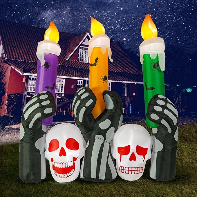 MUMTOP 6 Ft Height Inflatable Outdoor Halloween Decoration, Inflatables Spooky Skull Heads with Large Candles Halloween Decorations Blow up with Built-in LED Lights for Yard Party Holiday Garden Decor