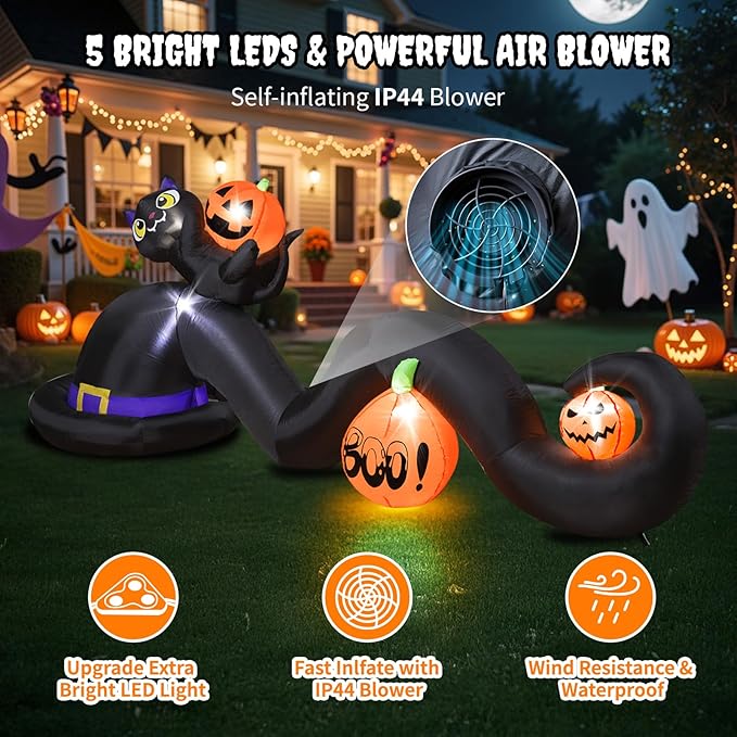 Dawdix 9FT Long Halloween Inflatables Witch Hat with Black Cat and Pumpkins, Large Lighted Blow Up Decoration for Yard, Halloween Outdoor Inflatable for Party Garden Patio Lawn Decor