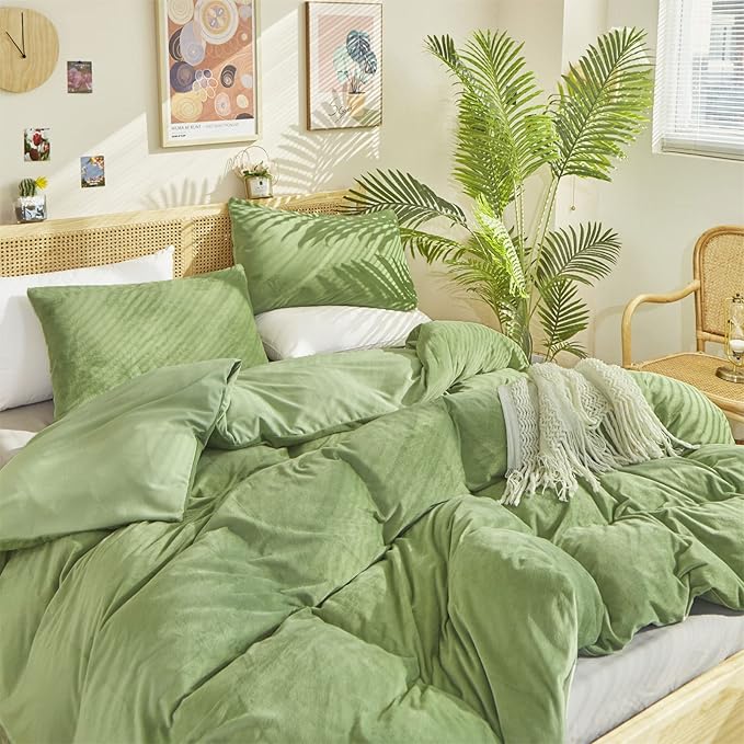 Sage Velvet Comforter Set Full Light Green Fluffy Flannel Bedding Set Winter Plush Blanket Quilts Soft Thick Warm Grass Green Comforter Set for Women Men Full Bed