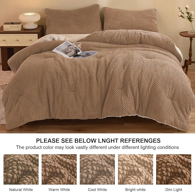 3D Jacquard Sherpa Comforter Set (Beige, Queen Size 90"x90") and Reversible Sherpa Comforter Set (White, Twin Size 68"x90")