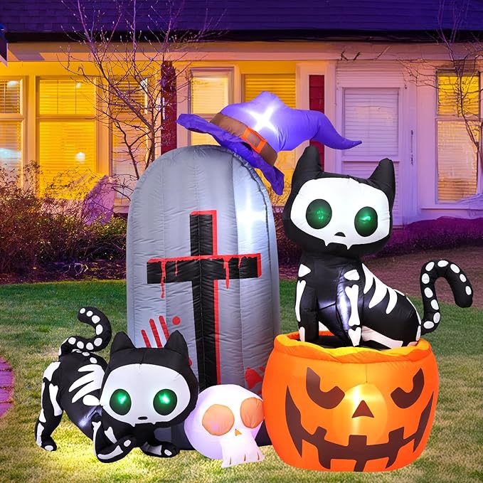 Max Fun 6FT Halloween Inflatables Skeleton Cat Pumpkin with LED Build-in Yard Decoration Blow Up Inflatables for Outdoor Indoor Garden Lawn