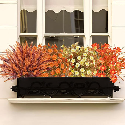 24 Pcs Artificial Fall Flowers, UV Resistant Fall Plants Outdoor Fake Plastic Flowers Bunches for Autumn Thanksgiving Home Front Door Window Box Indoor Outside Decor