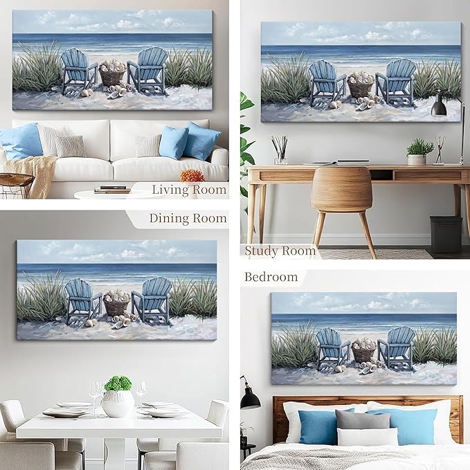HGUAOA Coastal Wall Art - Large Landscape Wall Paintings for Living Room, Bedroom Pictures, Ocean Beach Artwork, Blue Wall Art, Above Bed Decor, Coastal Landscape Wall Art, Beach Pinting