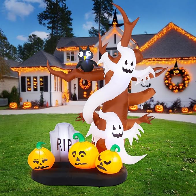8 FT Halloween Inflatables Outdoor Decorations, Giant Blow Ups Flying Ghosts Pumpkin Tree with Build-in LED Lights, Funny Yard Garden Decoration for Halloween Party Indoor Outdoor