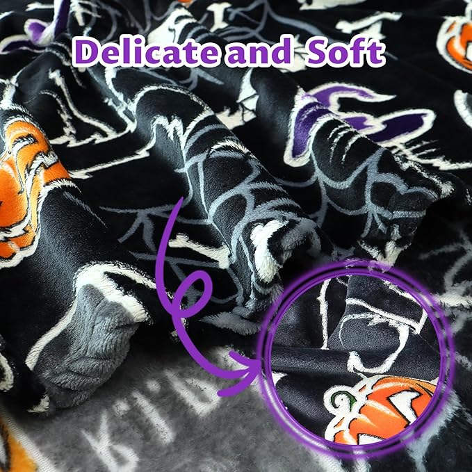 Halloween Throw Blankets Glow in The Dark Blanket Black Cat and Pumpkin Blanket Halloween Decorations Gifts for Women 60"x80"