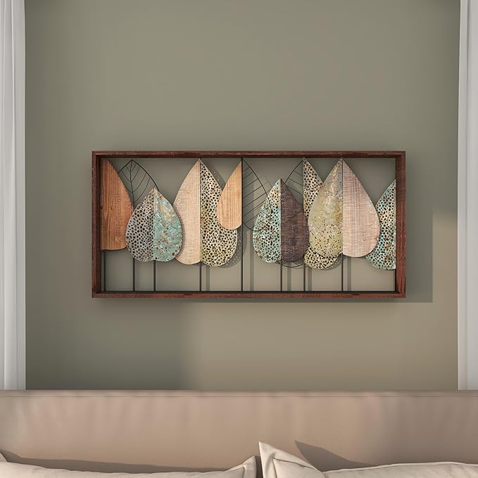 Deco 79 Wood Leaf Home Wall Decor Cutout Wall Sculpture with Green and Black Metal Wire Accents, Wall Art 47" x 3" x 22", Brown
