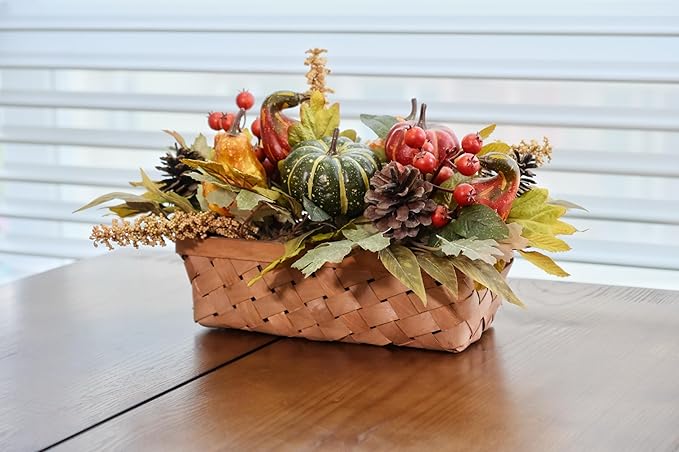 Fall Decor - Faux Pumpkins, Pine Cones, Berries and Maple Leaves in Rectangular Woven Basket for Table Centerpiece, Shelf, Mantel - Autumn Thanksgiving Arrangement for Home Indoor Outdoor - 14" Long