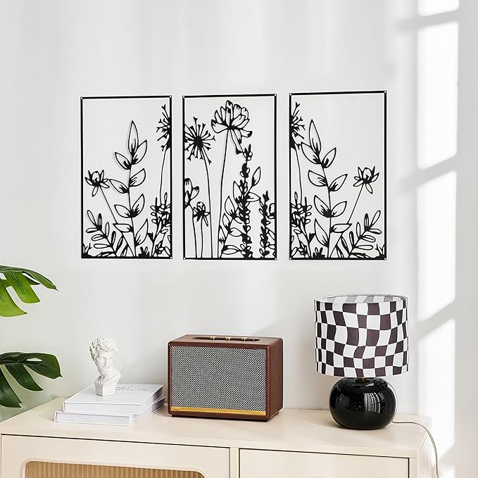 FUNTEREST 3 Pieces Black Metal Wall Art Decor Modern Minimalist Floral Single Line Living Room Wall Decor Abstract Wall Hanging Decor for Kitchen Office Bedroom Bathroom (Floral B)