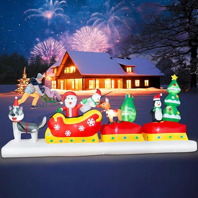 B&D 12FT Long Christmas Inflatables Outdoor Decorations, Inflatable Santa Claus on Dog Sled with Snowman, Penguin, Reindeer Blow up Christmas Decorations Built-in LEDs for Xmas Garden Yard Lawn Roof