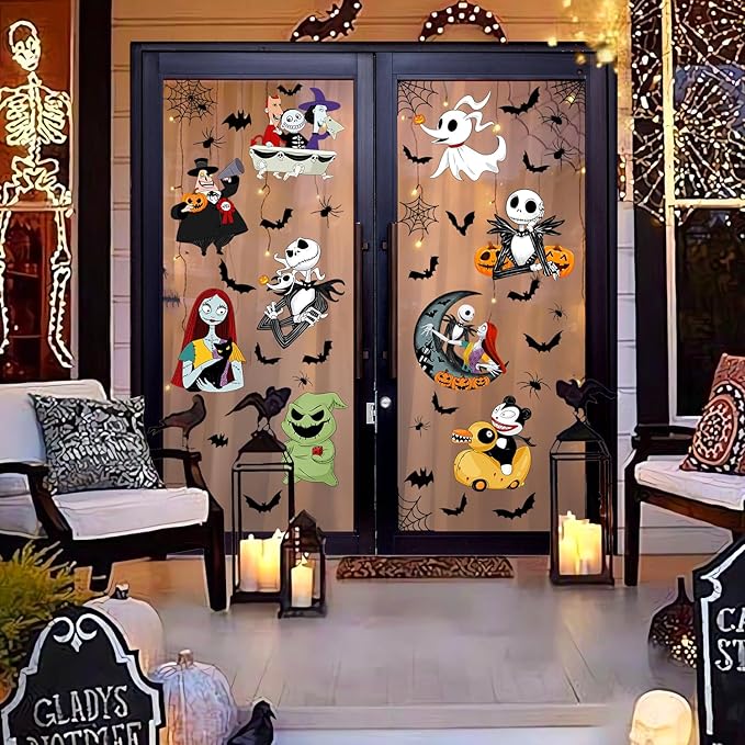 Halloween Window Clings 9 Styles, Nightmare Christmas Window Decorations Removable Stickers, Bats Spider Cartoon Window Decals 8 Sheets for Spooky Halloween Party Home Decor