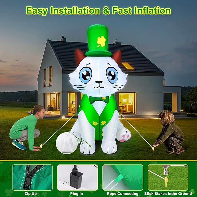 5Ft St. Patrick's Day Inflatable Outdoor Decoration Blow Up Cute Cat Wearing Lucky Shamrocks Hat with LED Lights St Patricks Day Decorations Yard Garden Lawn Home Party Indoor