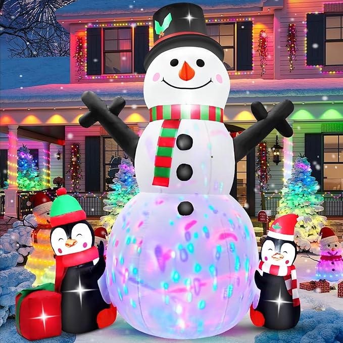 6 FT Christmas Inflatable Snowman Outdoor Decoration with Build-in Multicolor LEDs, Snowman with 2 Penguins Gift Blow Up Inflatables Christmas for Yard Garden Lawn Xmas Holiday Decor