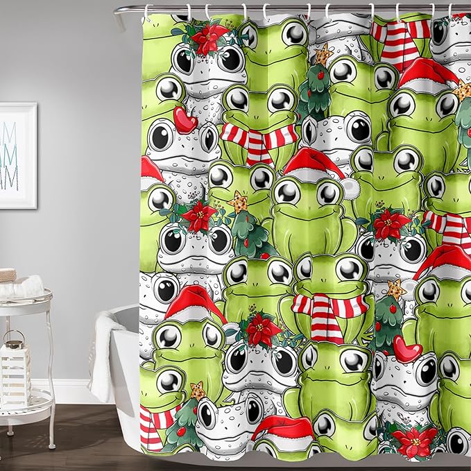 AILONEN Cute Cartoon Frog Shower Curtain,Funny Frog White Green Animal Frog Bath Curtain for Kids Boys Girls,Waterproof Curtain for Bathroom with 12 Plastic Hooks, 72" W x 78" H
