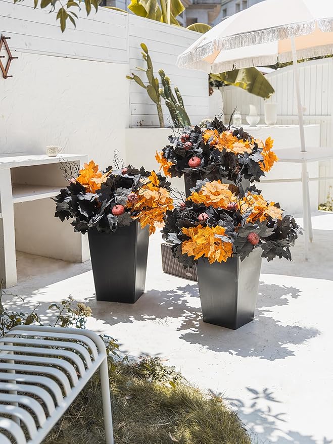 10pcs Fake Plants Outdoor, Halloween Maple Pumpkin Branch, Autumn Artificial Pumpkins Stem with Black & Orange Maple Leaves, Faux Maple Leaves Spray for Halloween Thanksgiving Home Deocr