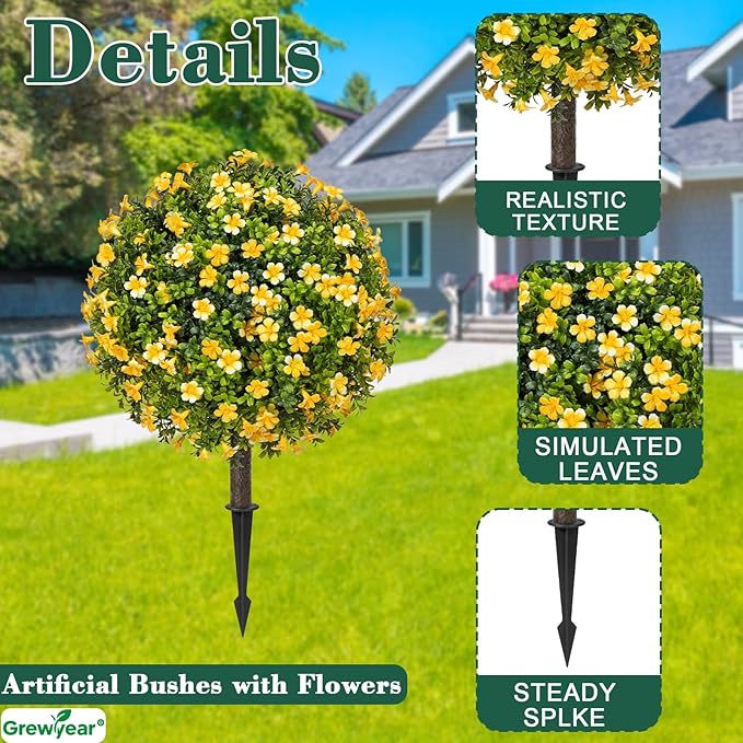 Artificial Topiary Ball Trees with Spike Set of 2, Fall Faux Boxwood Plants for Outdoor Planters, UV Resistant Artificial Outdoor Shrubs, Fake Bushes for Porch, Garden, Patio Decor