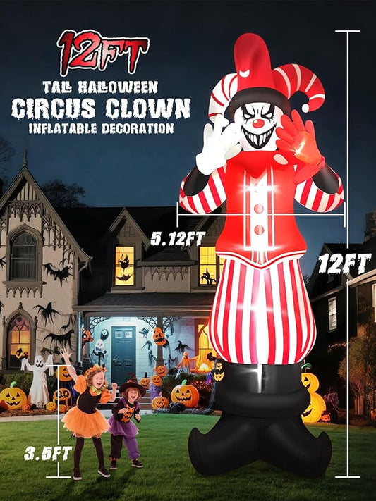 12FT Giant Halloween Inflatable Decoration, Kalolary Red Costume Scary Clown Blow Ups with Built-in LED Lights Large Huge Scary Clown Inflatable for Halloween Party Lawn Garden Outdoor Yard Decoration