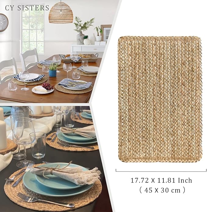 Woven Placemats Set of 4 Rattan Placemats Rectangle Natural Placemats Wicker Heavy Braided Straw Placemat Farmhouse Square Plates Place mats for Indoor/Outdoor Patio Table 17.7'' X 11.8''