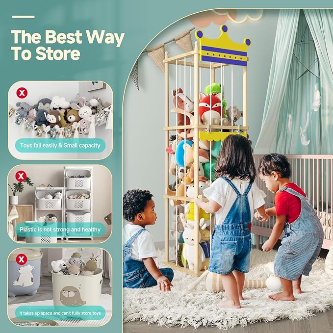 Stuffed Animal Storage Stuffed Animal Zoo, 60" Wood Large Animal Storage Toy Holder with High Elastic Rope, Zoo Organizer Cage for Nursery,Playroom,Bedroom