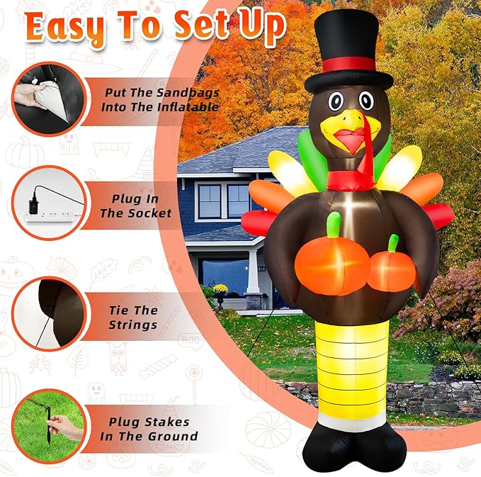 10FT Thanksgiving Inflatables Turkey Decorations, Giant Thanksgiving Blow up Turkey Decor Built-in LED Lights Autumn Fall Harvest Decorations for Holiday Outdoor Yard Lawn Garden Patio Decor