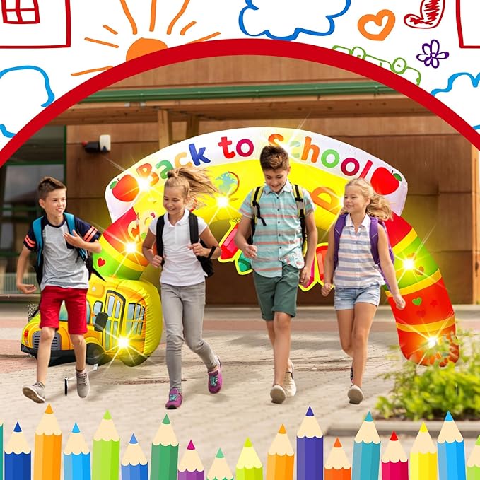 VIHOSE 6.56 ft Width Back to School Inflatables Arch First Day of School Outdoor Decorations Inflatable Rainbow Arch with Bus Pencil Build in LED Lights for Party Supplies Decor