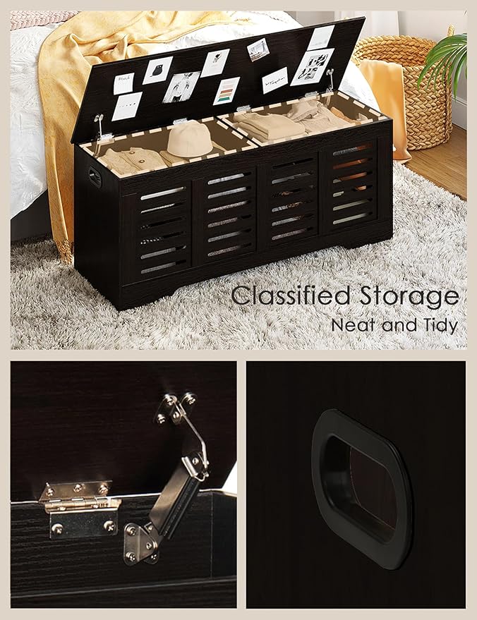 DINZI LVJ Storage Chest, 47.3” Wooden Toy Box with 2 Safety Hinges, Retro Entryway Shoe Storage Bench with Flip-Top, Sturdy Large Storage Trunk for Living Room, Bedroom, Easy Assembly, Espresso
