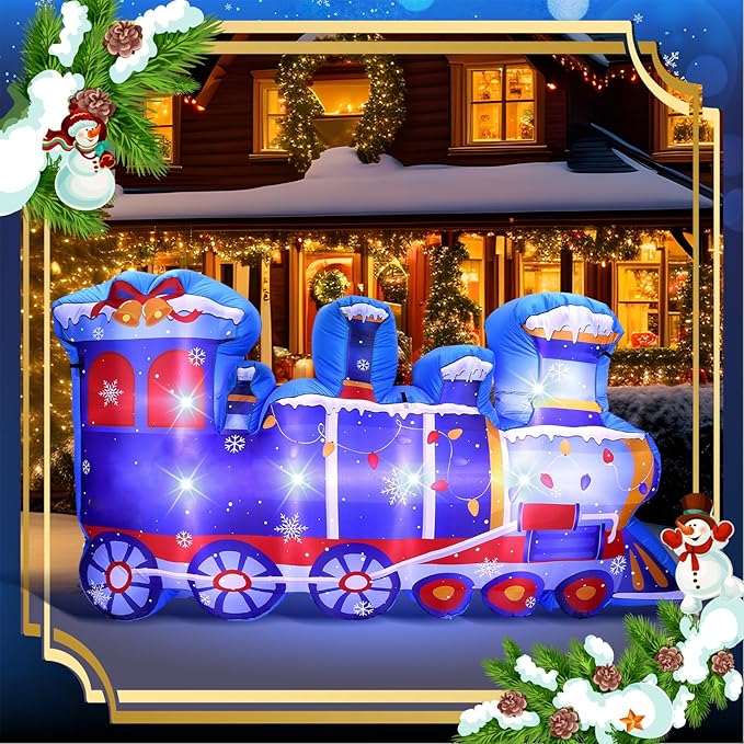 VIHOSE 8 ft Length Christmas Polar Train Inflatable Outdoor Decoration Christmas Blow Up Polar Train Winter Birthday Photo Props Built-in LED Light for Xmas Birthday Party Holiday
