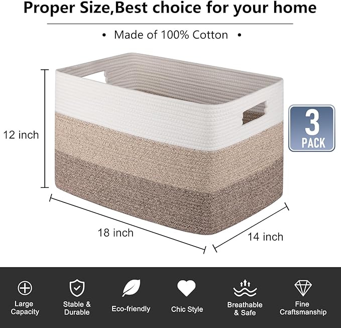 OIAHOMY Rectangle Woven Storage Basket - Nursery Cotton Rope Baskets for Storage For Living Room, Toy and Blanket Organizing, 18"x14"x12"- Pack of 3 - Gradient Yellow